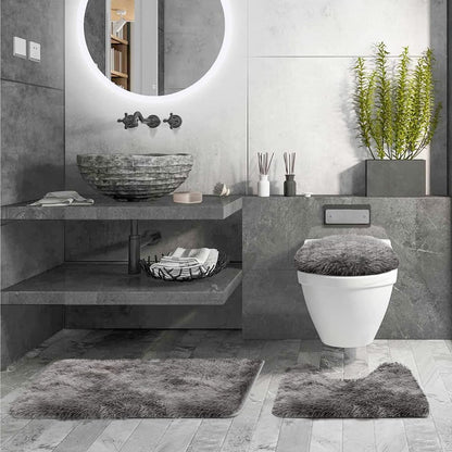 3 Piece Thicken 0.4" Bath Rugs Set, Bath Rug, Contour Mat, Toilet Seat Cover, Super Long Soft Microfiber Water Absorbent and Non Slip Bathroom Rugs with PVC Point Rubber Backing (Grey)