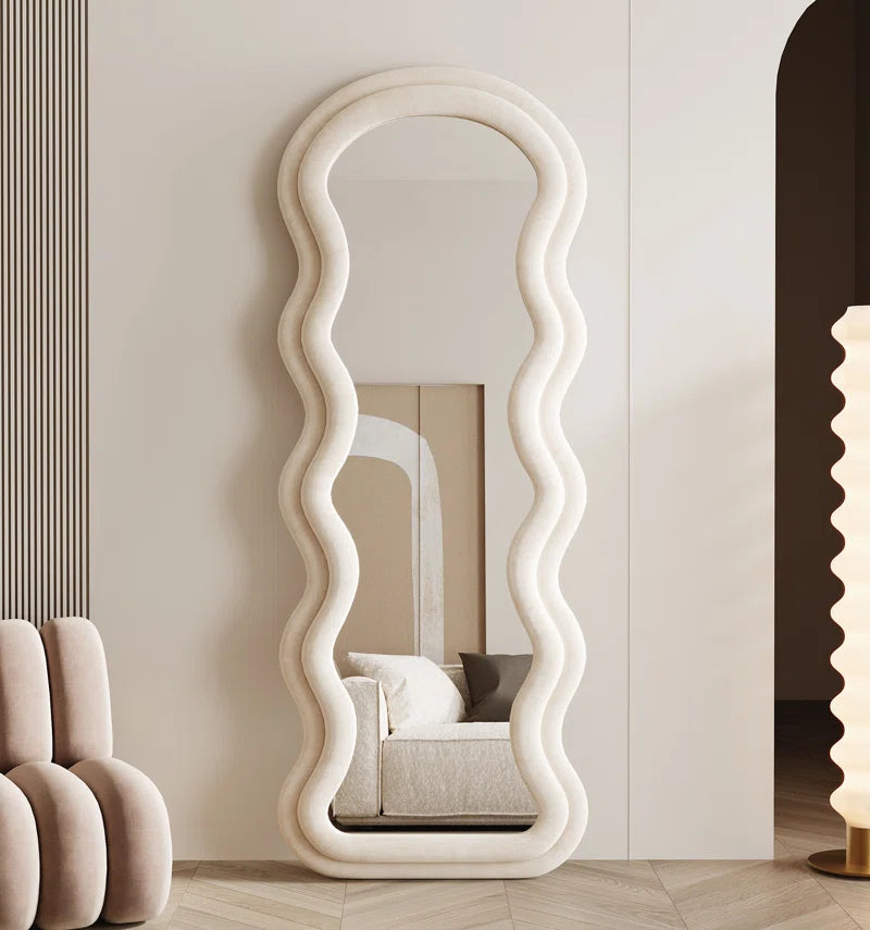 Christye Full Length Mirror 63"X24", Irregular Wavy Mirror, Arched Floor Mirror, Wall Mirror Standing Hanging or Leaning against Wall for Bedroom, Flannel Wrapped Wooden Frame Mirror