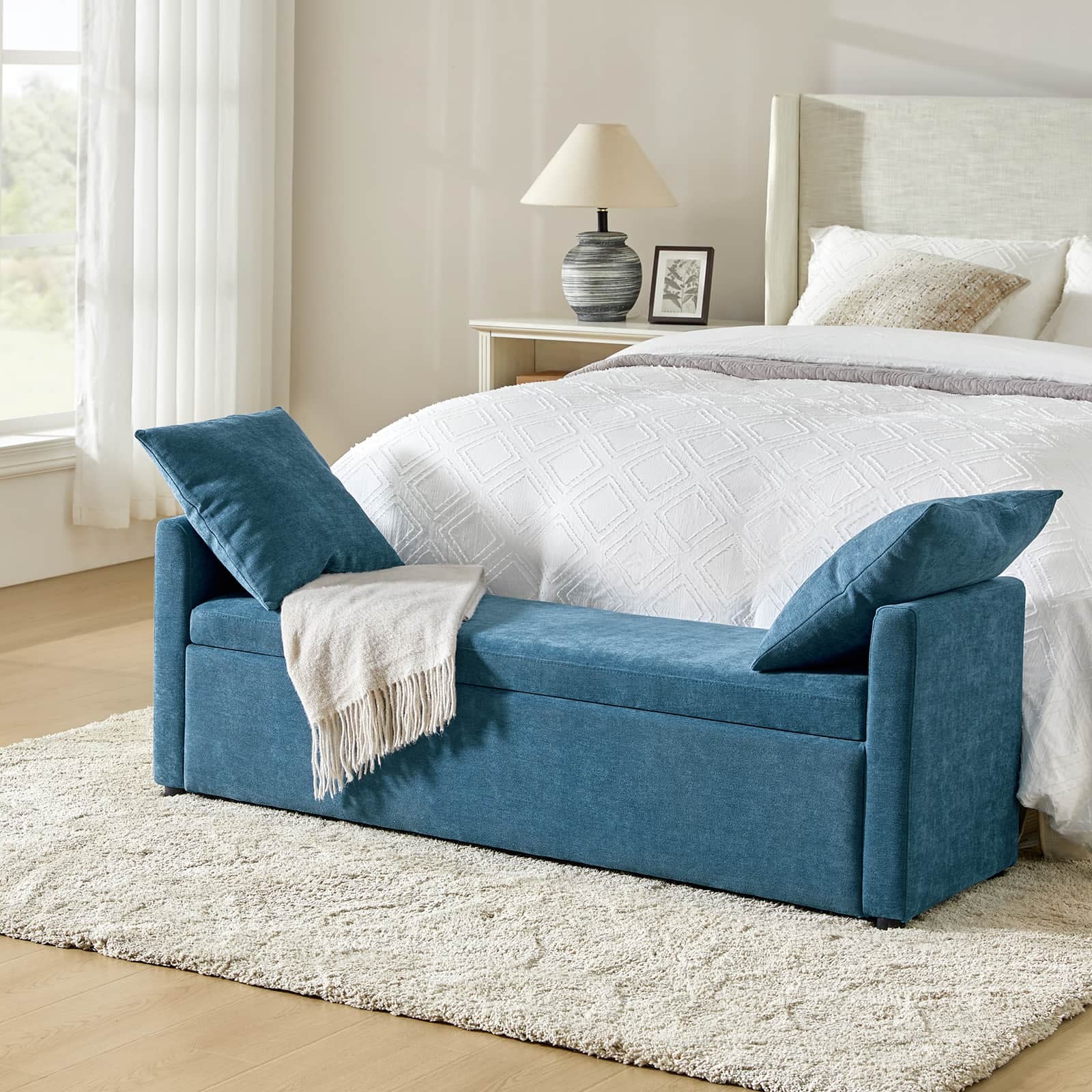 Benito 59.4" Wide End of Bed Storage Couch Bench with Two Throw Pillows