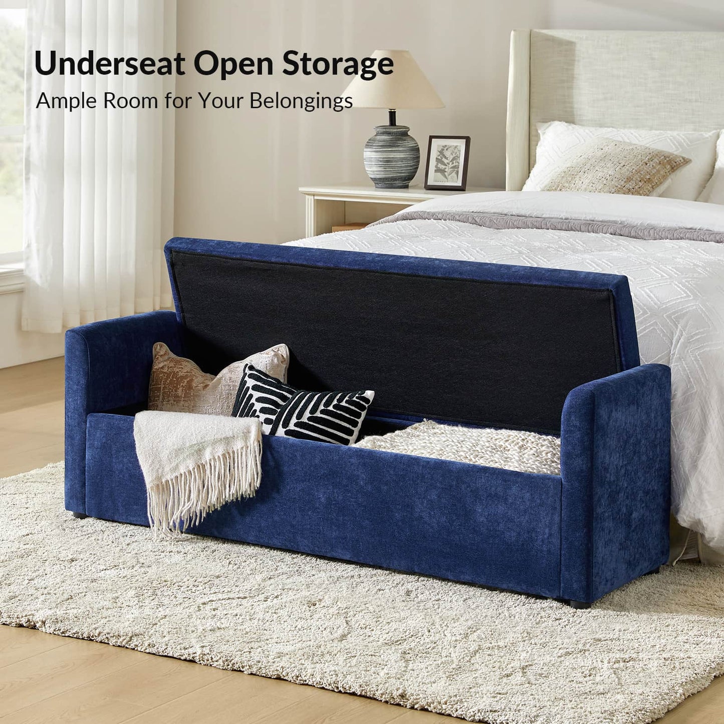 Benito 59.4" Wide End of Bed Storage Couch Bench with Two Throw Pillows