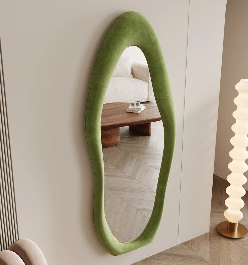 Full Length Mirror 63"X24", Irregular Wavy Mirror, Arched Floor Mirror, Wall Mirror Standing Hanging or Leaning against Wall for Bedroom, Flannel Wrapped Wooden Frame Mirror