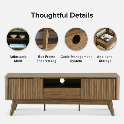 Brooklyn Mid-Century Modern 57" TV Stand for Tvs up to 59”, Fluted Panel, Sturdy Legs (Walnut)