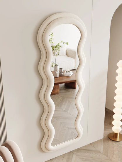 Christye Full Length Mirror 63"X24", Irregular Wavy Mirror, Arched Floor Mirror, Wall Mirror Standing Hanging or Leaning against Wall for Bedroom, Flannel Wrapped Wooden Frame Mirror