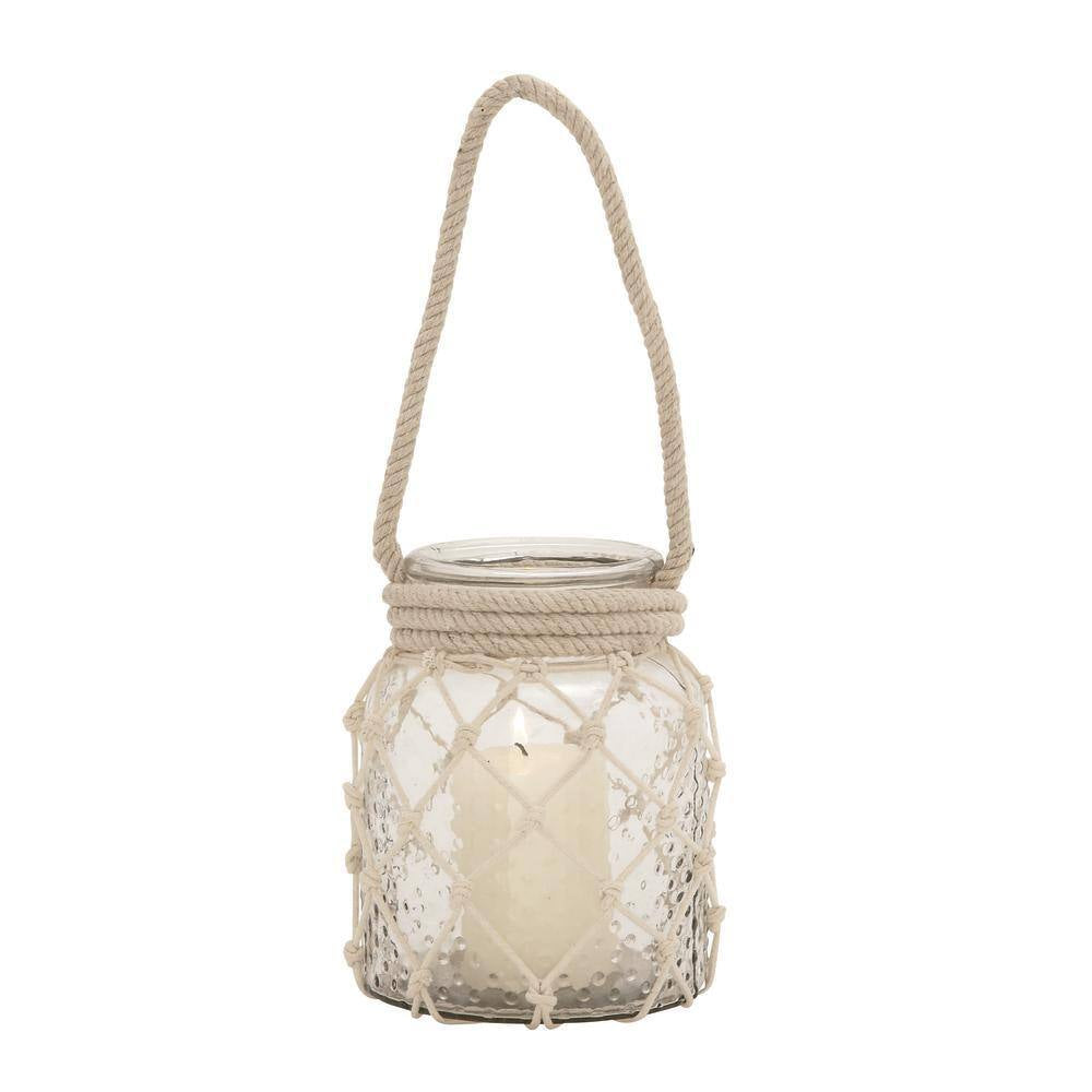 18 In. H Clear Glass Decorative Candle Lantern with Rope Handle