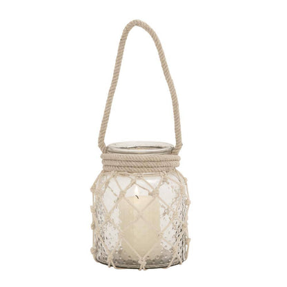 18 In. H Clear Glass Decorative Candle Lantern with Rope Handle