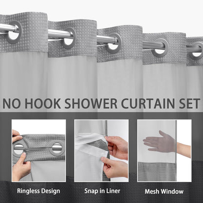 No Hook Shower Curtain with Snap in Liner Set Less Time Grey Waffle Shower Curta