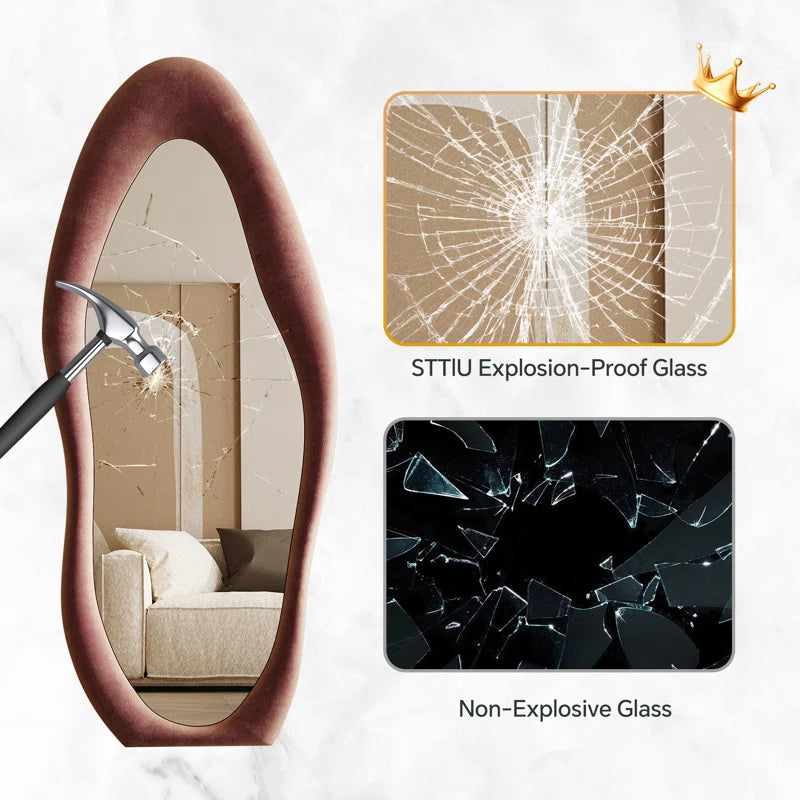 Full Length Mirror 63"X24", Irregular Wavy Mirror, Arched Floor Mirror, Wall Mirror Standing Hanging or Leaning against Wall for Bedroom, Flannel Wrapped Wooden Frame Mirror