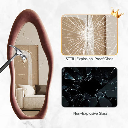 Full Length Mirror 63"X24", Irregular Wavy Mirror, Arched Floor Mirror, Wall Mirror Standing Hanging or Leaning against Wall for Bedroom, Flannel Wrapped Wooden Frame Mirror