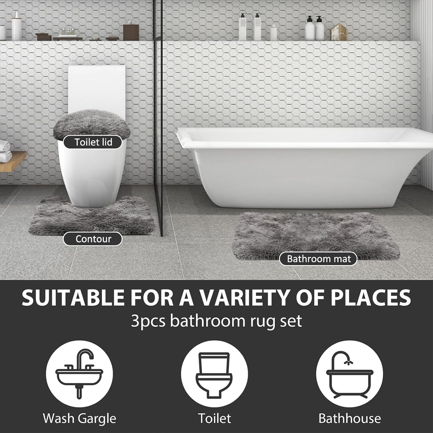 3 Piece Thicken 0.4" Bath Rugs Set, Bath Rug, Contour Mat, Toilet Seat Cover, Super Long Soft Microfiber Water Absorbent and Non Slip Bathroom Rugs with PVC Point Rubber Backing (Grey)