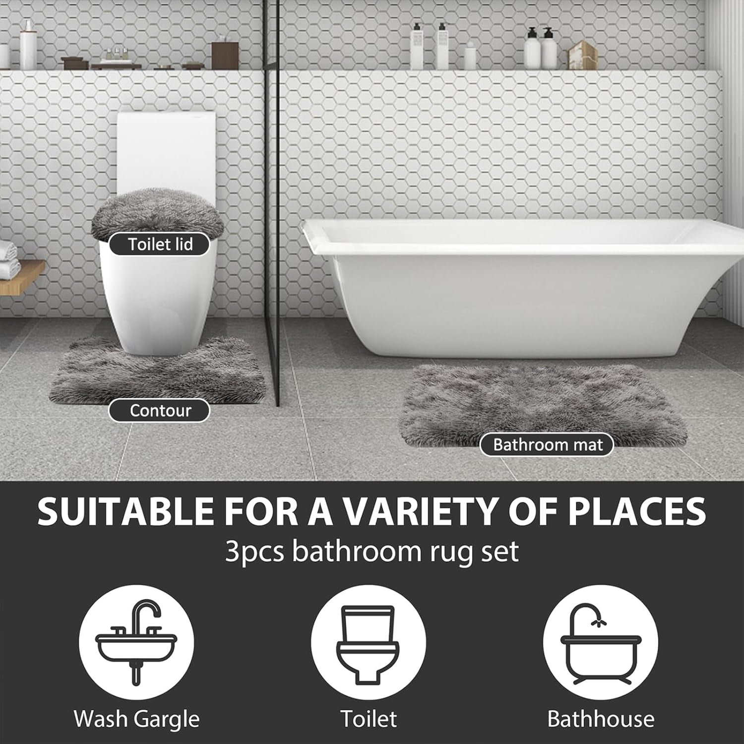 3 Piece Thicken 0.4" Bath Rugs Set, Bath Rug, Contour Mat, Toilet Seat Cover, Super Long Soft Microfiber Water Absorbent and Non Slip Bathroom Rugs with PVC Point Rubber Backing (Grey)