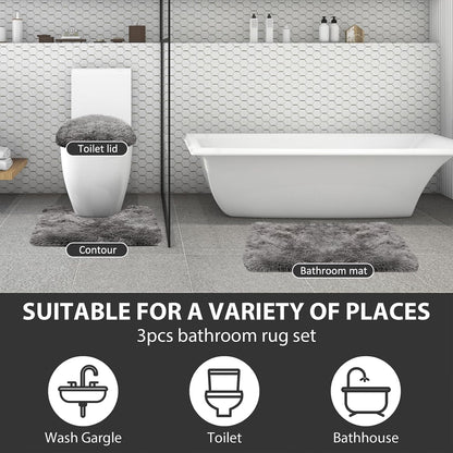 3 Piece Thicken 0.4" Bath Rugs Set, Bath Rug, Contour Mat, Toilet Seat Cover, Super Long Soft Microfiber Water Absorbent and Non Slip Bathroom Rugs with PVC Point Rubber Backing (Grey)