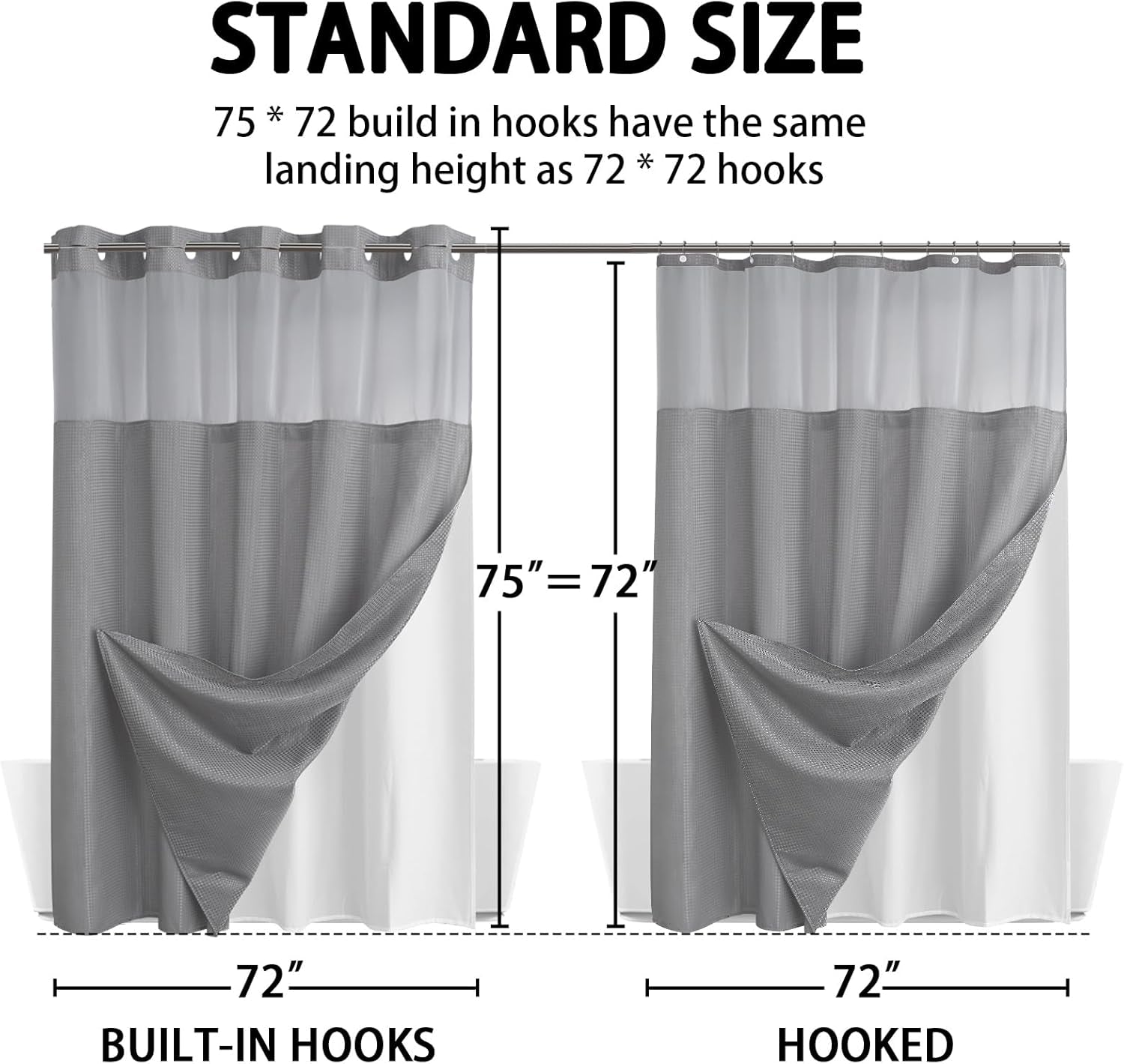 No Hook Shower Curtain with Snap in Liner Set Less Time Grey Waffle Shower Curta
