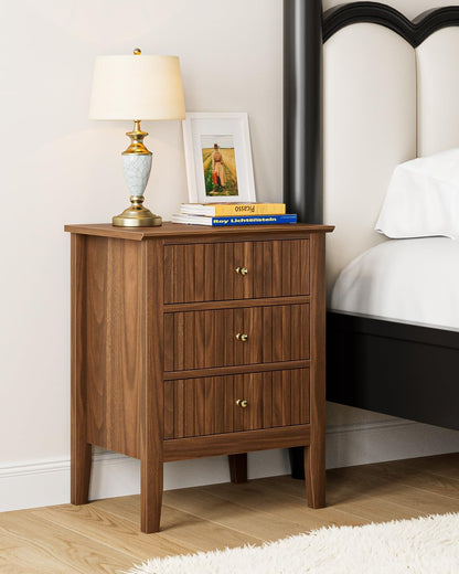 Night Stand, Fluted Nightstand Bedside Tall Farmhouse Nightstand with 3 Drawers,