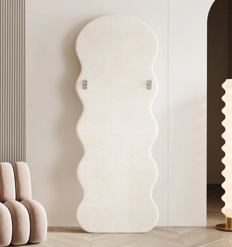 Christye Full Length Mirror 63"X24", Irregular Wavy Mirror, Arched Floor Mirror, Wall Mirror Standing Hanging or Leaning against Wall for Bedroom, Flannel Wrapped Wooden Frame Mirror