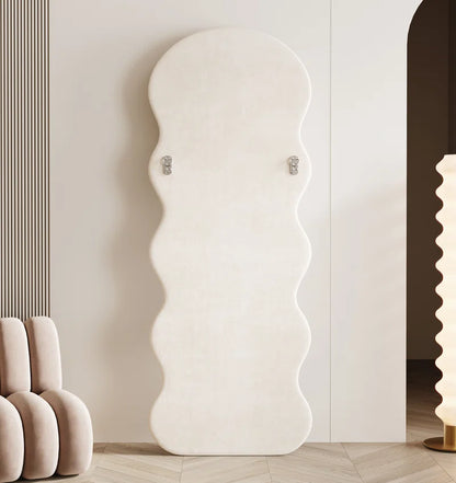 Christye Full Length Mirror 63"X24", Irregular Wavy Mirror, Arched Floor Mirror, Wall Mirror Standing Hanging or Leaning against Wall for Bedroom, Flannel Wrapped Wooden Frame Mirror