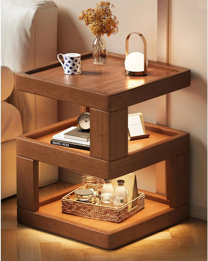 Walnut Solid Wood 3-Tier Nightstand, Modern Open Bedside Table (13.7" Width)