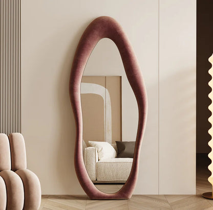 Full Length Mirror 63"X24", Irregular Wavy Mirror, Arched Floor Mirror, Wall Mirror Standing Hanging or Leaning against Wall for Bedroom, Flannel Wrapped Wooden Frame Mirror