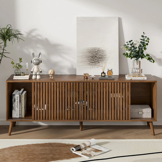 Mid-Century Modern TV Stand for Tvs up to 70”, Sliding Door Wood Entertainment Center with Storage, Walnut