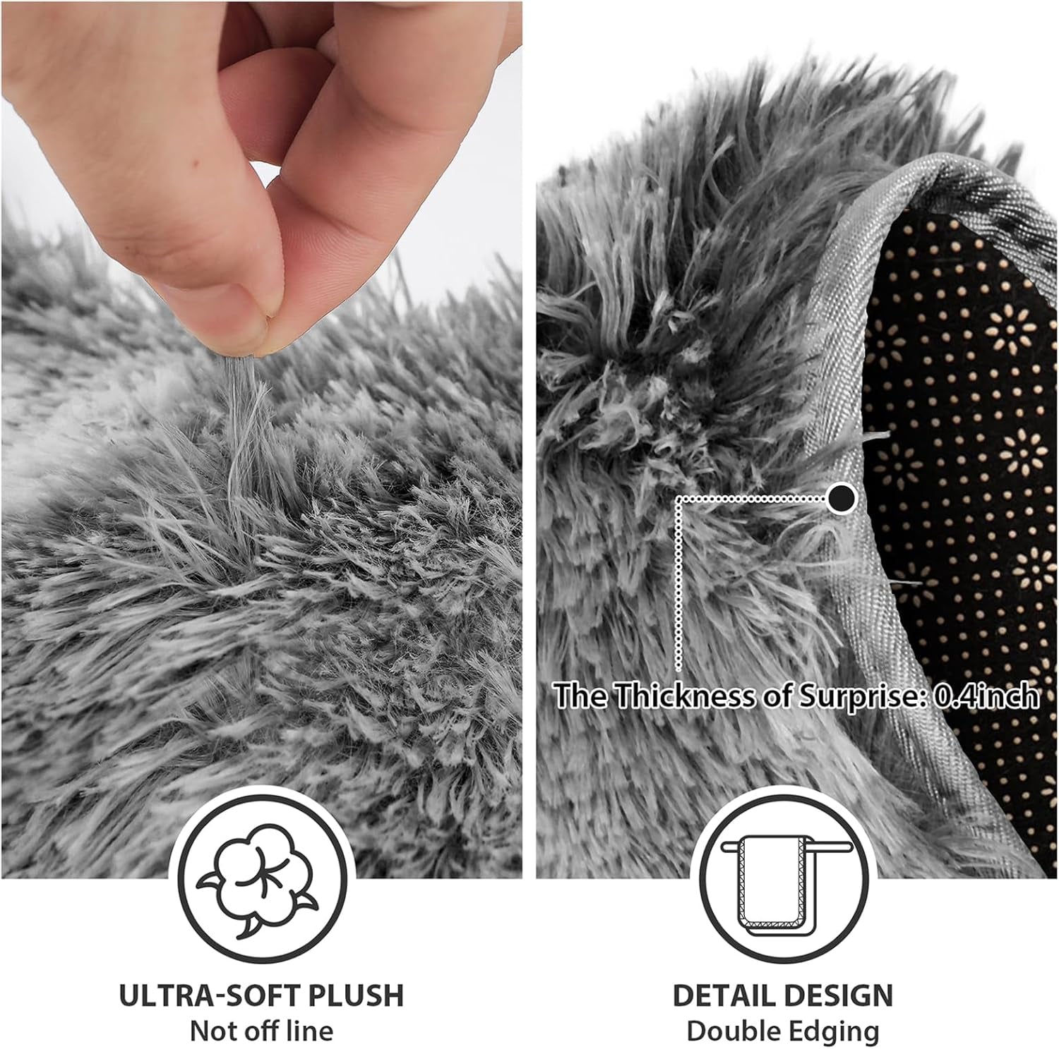 3 Piece Thicken 0.4" Bath Rugs Set, Bath Rug, Contour Mat, Toilet Seat Cover, Super Long Soft Microfiber Water Absorbent and Non Slip Bathroom Rugs with PVC Point Rubber Backing (Grey)