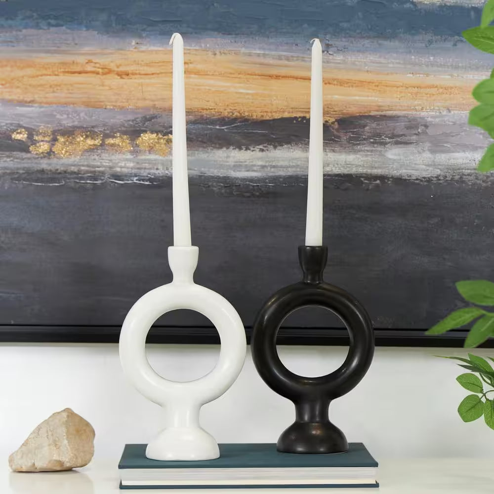 Black Ceramic Geometric Ring Candle Holder (Set of 2)