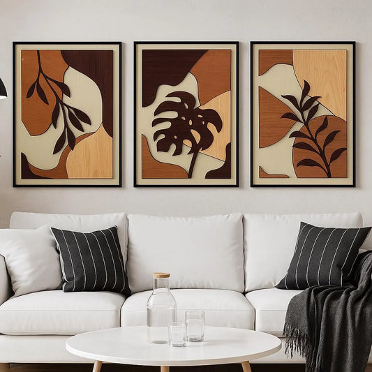 Tropical Leaf Wood Wall Art - Botanical Plant Wall Decor - Tree Art - Mid Century Modern Wall Art - Boho Room - Bauhaus Art (Set of 3)