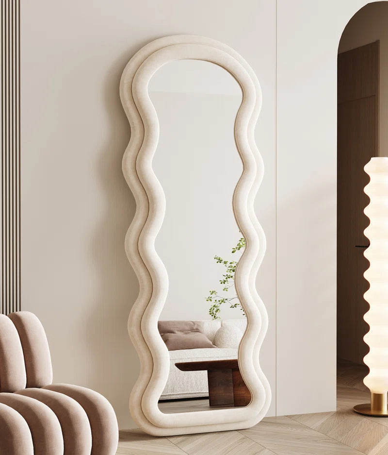 Christye Full Length Mirror 63"X24", Irregular Wavy Mirror, Arched Floor Mirror, Wall Mirror Standing Hanging or Leaning against Wall for Bedroom, Flannel Wrapped Wooden Frame Mirror