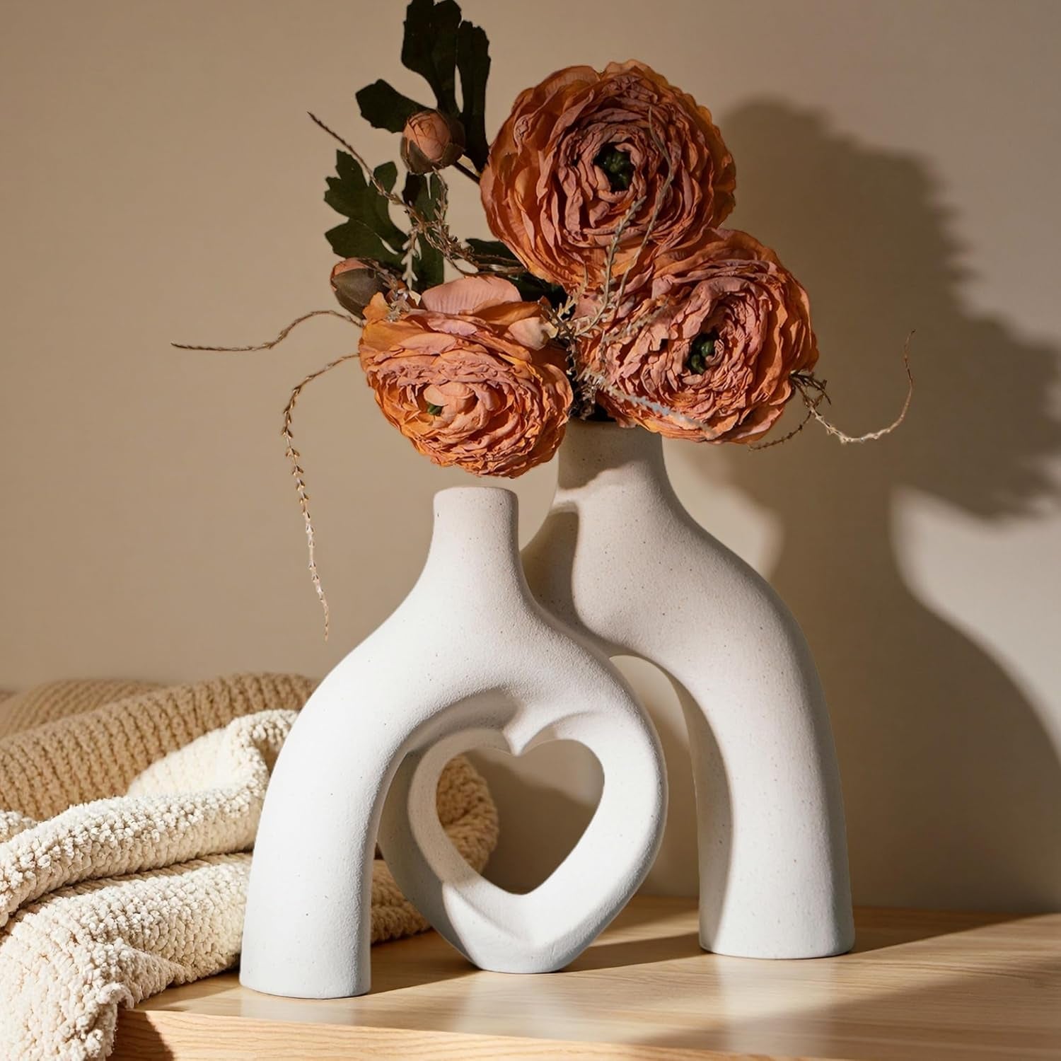 Modern Ceramic Heart-Shaped Abstract Vase | Minimalist Boho Home Decor for Living Room Shelf and Table Centerpiece (Milky White)