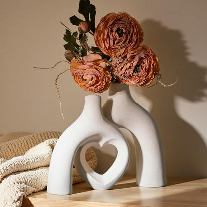 Modern Ceramic Heart-Shaped Abstract Vase | Minimalist Boho Home Decor for Living Room Shelf and Table Centerpiece (Milky White)