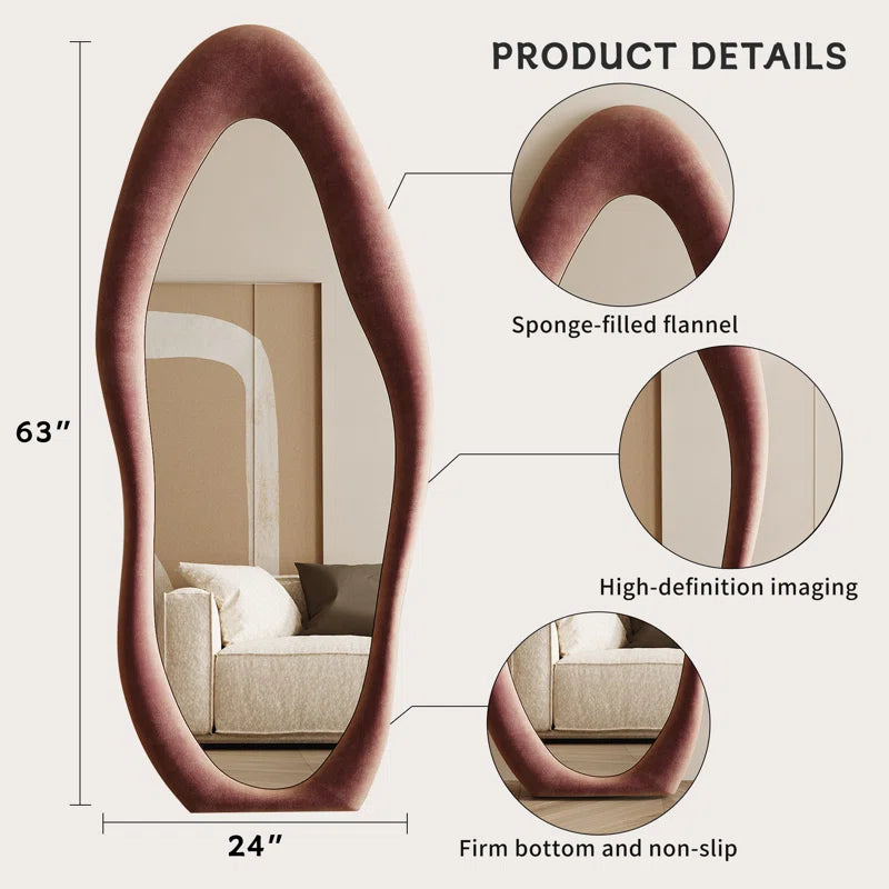 Full Length Mirror 63"X24", Irregular Wavy Mirror, Arched Floor Mirror, Wall Mirror Standing Hanging or Leaning against Wall for Bedroom, Flannel Wrapped Wooden Frame Mirror