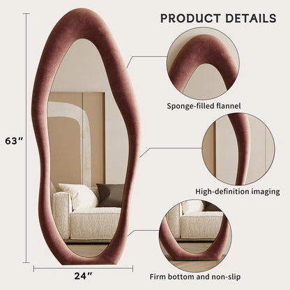 Full Length Mirror 63"X24", Irregular Wavy Mirror, Arched Floor Mirror, Wall Mirror Standing Hanging or Leaning against Wall for Bedroom, Flannel Wrapped Wooden Frame Mirror