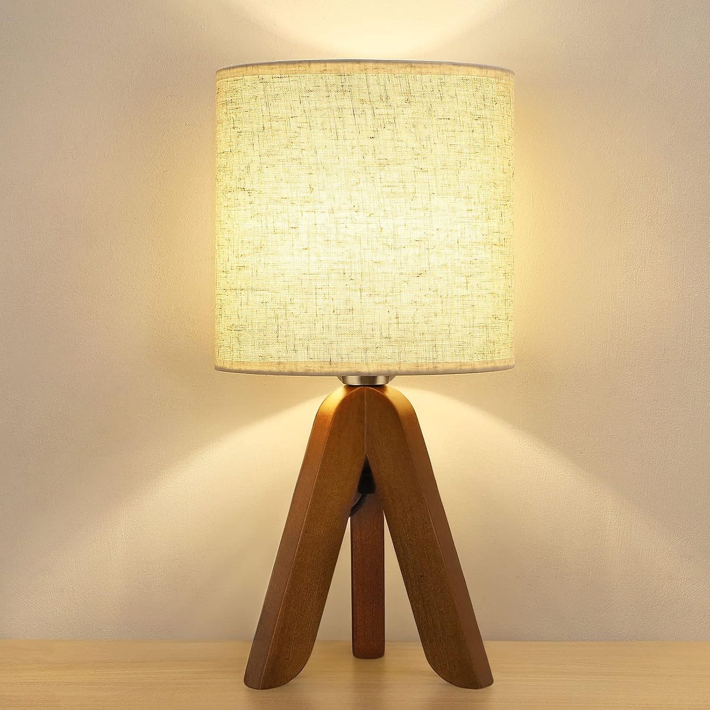 Wooden Tripod Table Lamp with Brown Base and Linen Fabric Shade - Compact Nightstand Lamp for Bedroom, Kids Room, Nursery, and Dorm