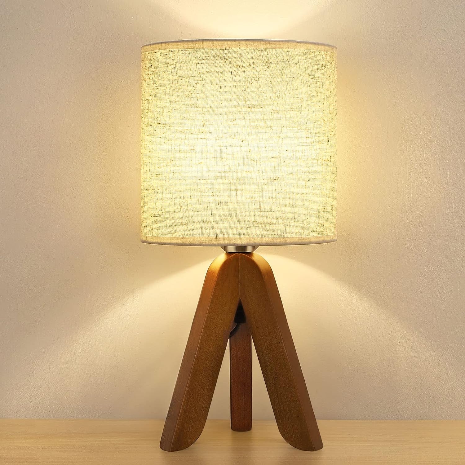 Wooden Tripod Table Lamp with Brown Base and Linen Fabric Shade - Compact Nightstand Lamp for Bedroom, Kids Room, Nursery, and Dorm