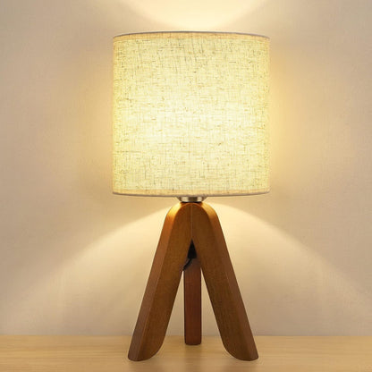 Wooden Tripod Table Lamp with Brown Base and Linen Fabric Shade - Compact Nightstand Lamp for Bedroom, Kids Room, Nursery, and Dorm