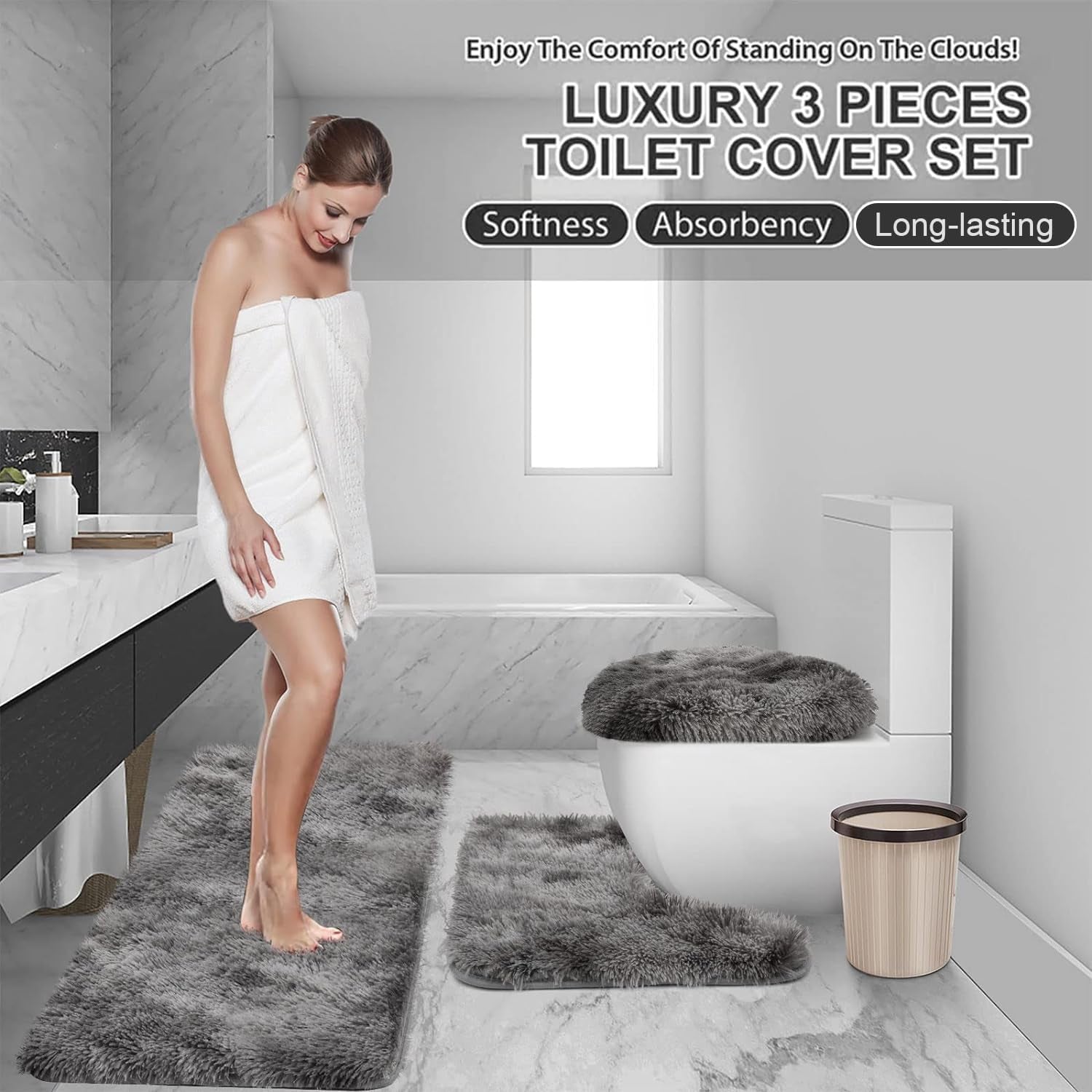 3 Piece Thicken 0.4" Bath Rugs Set, Bath Rug, Contour Mat, Toilet Seat Cover, Super Long Soft Microfiber Water Absorbent and Non Slip Bathroom Rugs with PVC Point Rubber Backing (Grey)