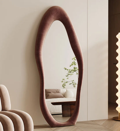 Full Length Mirror 63"X24", Irregular Wavy Mirror, Arched Floor Mirror, Wall Mirror Standing Hanging or Leaning against Wall for Bedroom, Flannel Wrapped Wooden Frame Mirror