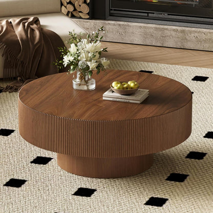 Contemporary Round Coffee Table with Durable Base in Walnut Finish | Wood Center Table for Living Room, Office, and Reception Area, Easy Assembly