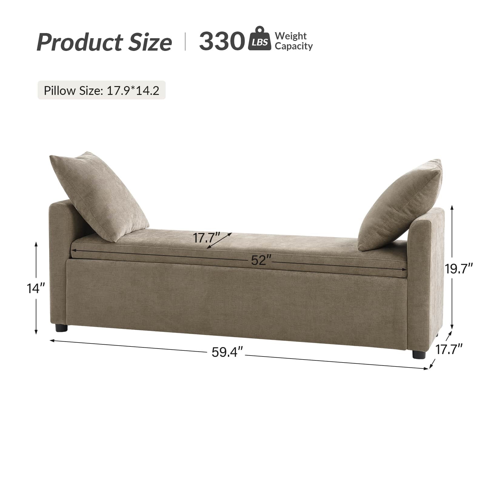 Benito 59.4" Wide End of Bed Storage Couch Bench with Two Throw Pillows