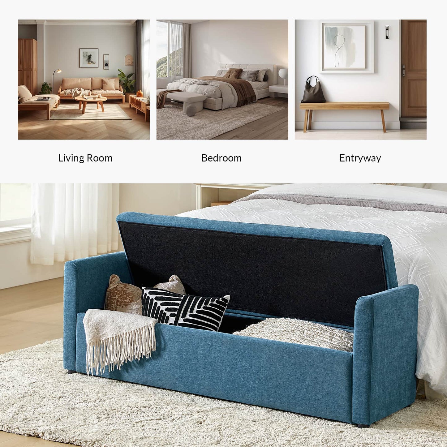 Benito 59.4" Wide End of Bed Storage Couch Bench with Two Throw Pillows