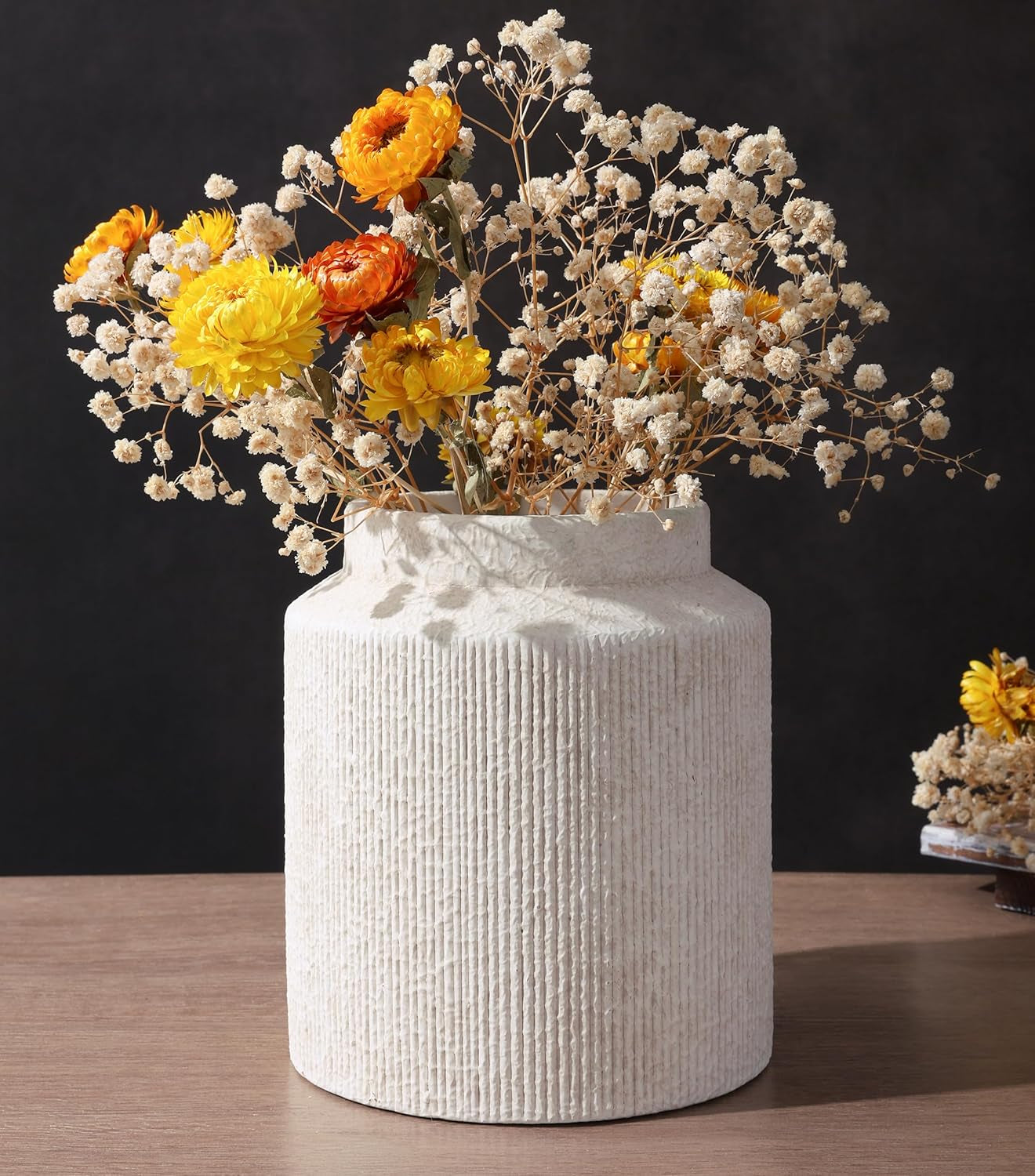 Ceramic Rustic White Wide Mouth Vase for Home Decor, 7-Inch Decorative Floral Centerpiece for Dining Table, Living Room, Shelf, Kitchen, and Bedroom