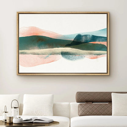 Framed Canvas Print Wall Art Abstract Green Watercolor Hills Nature Wilderness Illustrations Modern Art Contemporary Scenic Colorful for Living Room, Bedroom, Office - 16"X24" Natural