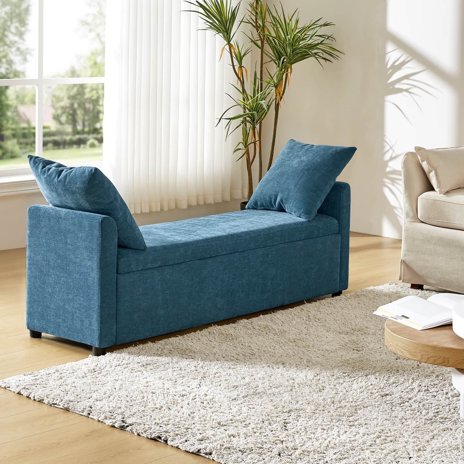 Benito 59.4" Wide End of Bed Storage Couch Bench with Two Throw Pillows