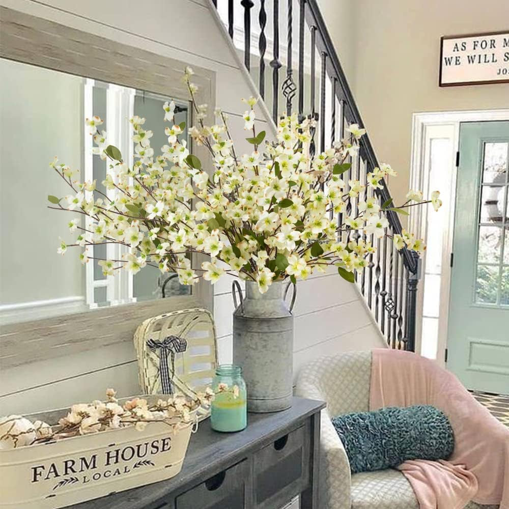Artificial Flowers Blossom Stems Dogwood Silk Flowers Fake Cornus Bush for Home Decoration Table Centerpieces, 8 PCS (White)