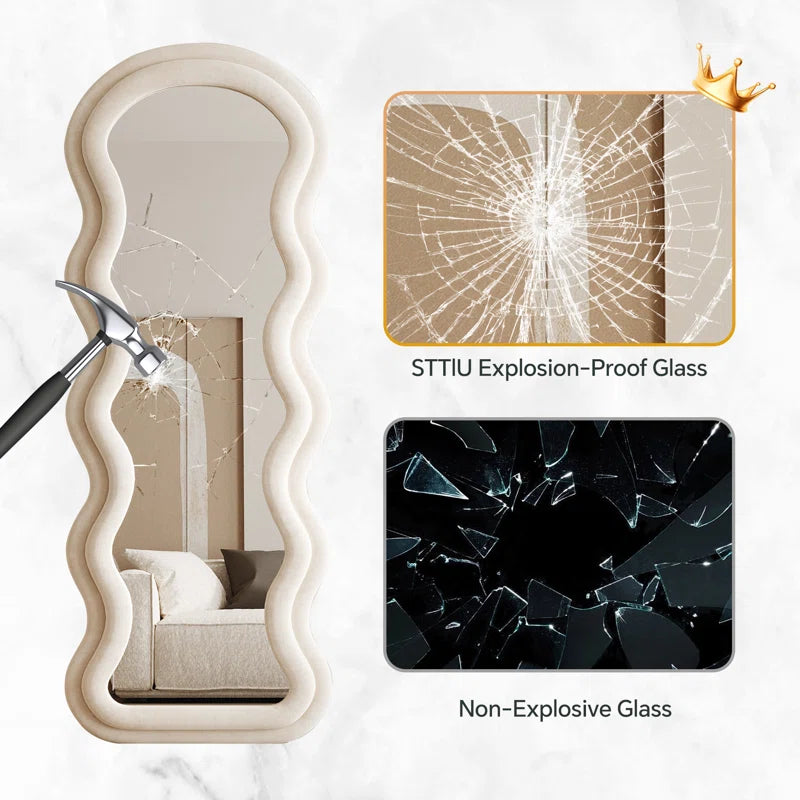 Christye Full Length Mirror 63"X24", Irregular Wavy Mirror, Arched Floor Mirror, Wall Mirror Standing Hanging or Leaning against Wall for Bedroom, Flannel Wrapped Wooden Frame Mirror