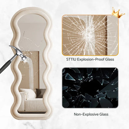 Christye Full Length Mirror 63"X24", Irregular Wavy Mirror, Arched Floor Mirror, Wall Mirror Standing Hanging or Leaning against Wall for Bedroom, Flannel Wrapped Wooden Frame Mirror