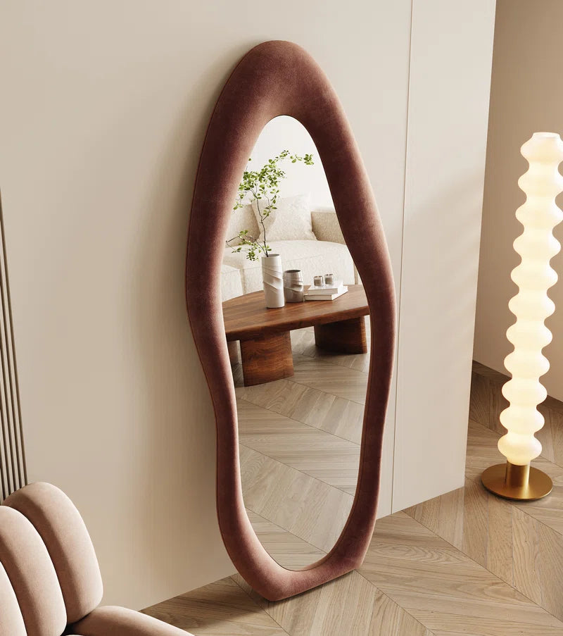 Full Length Mirror 63"X24", Irregular Wavy Mirror, Arched Floor Mirror, Wall Mirror Standing Hanging or Leaning against Wall for Bedroom, Flannel Wrapped Wooden Frame Mirror