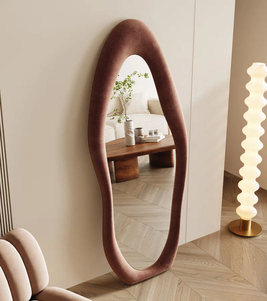 Full Length Mirror 63"X24", Irregular Wavy Mirror, Arched Floor Mirror, Wall Mirror Standing Hanging or Leaning against Wall for Bedroom, Flannel Wrapped Wooden Frame Mirror