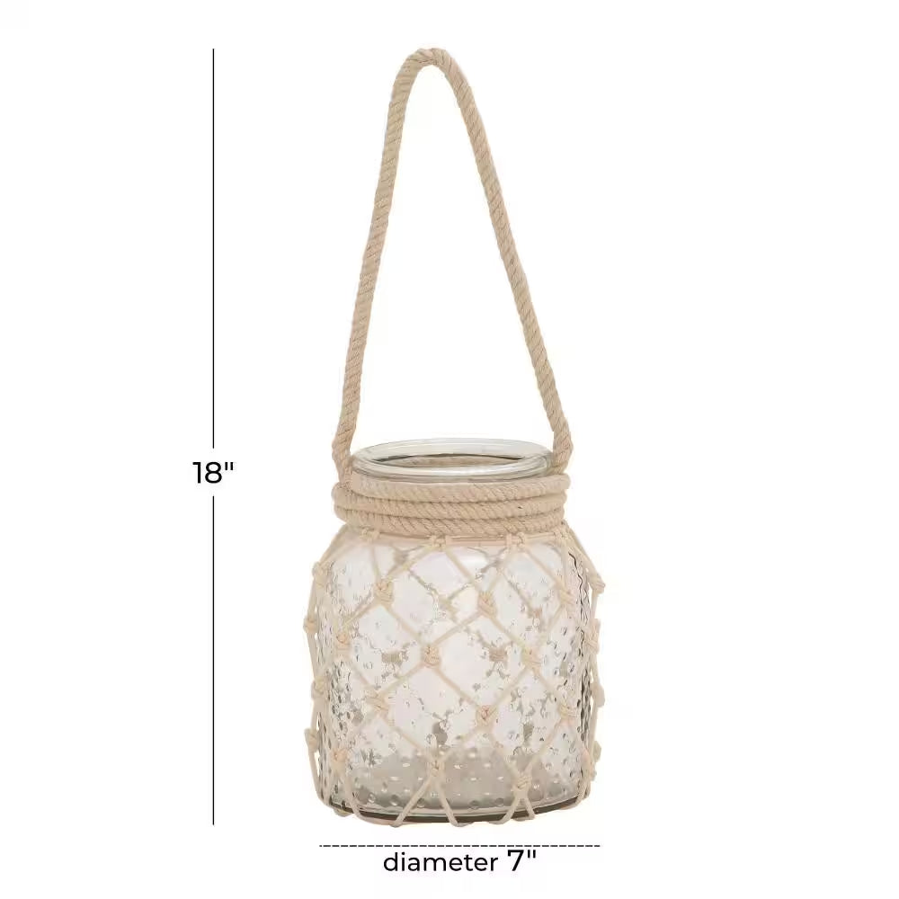 18 In. H Clear Glass Decorative Candle Lantern with Rope Handle