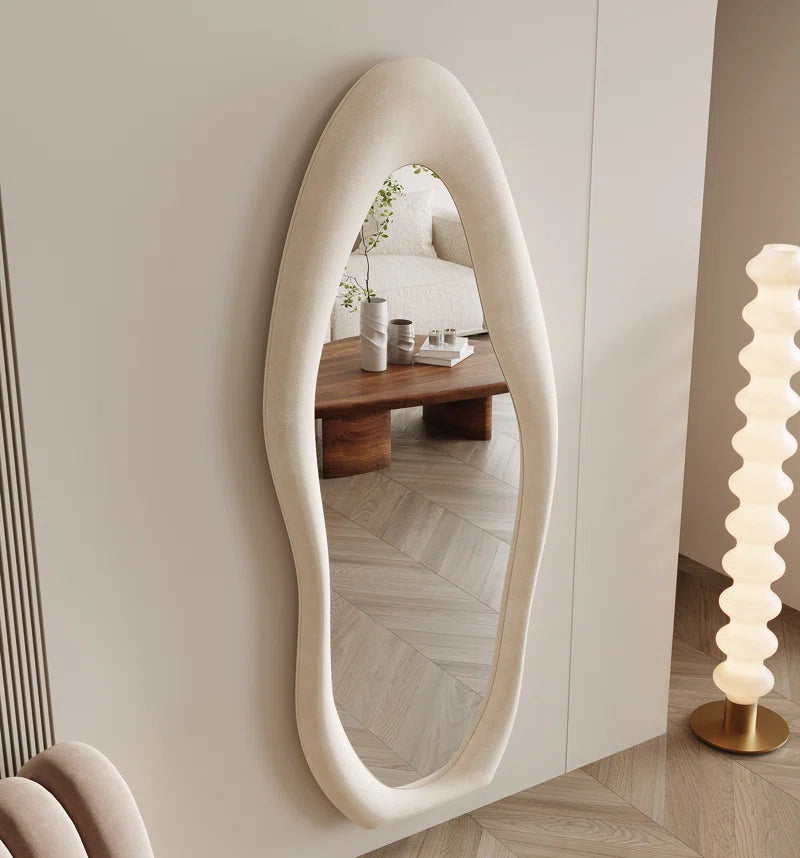 Full Length Mirror 63"X24", Irregular Wavy Mirror, Arched Floor Mirror, Wall Mirror Standing Hanging or Leaning against Wall for Bedroom, Flannel Wrapped Wooden Frame Mirror