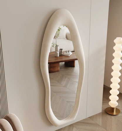 Full Length Mirror 63"X24", Irregular Wavy Mirror, Arched Floor Mirror, Wall Mirror Standing Hanging or Leaning against Wall for Bedroom, Flannel Wrapped Wooden Frame Mirror