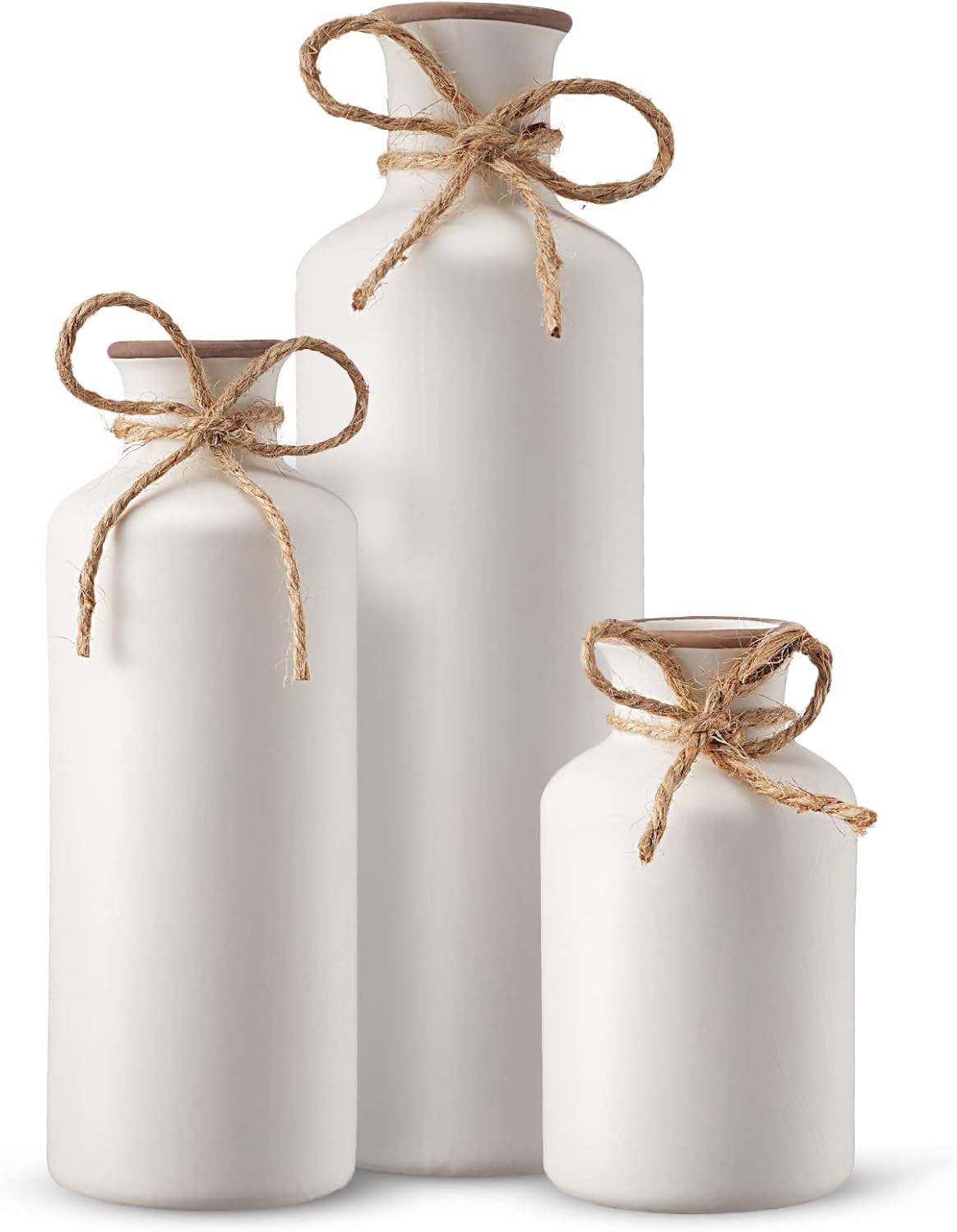 Set of 3 Rustic Ceramic Vases for Modern Farmhouse Decor, Ideal for Living Room Centerpieces, Table, Bookshelf, Mantel, and Entryway (White)